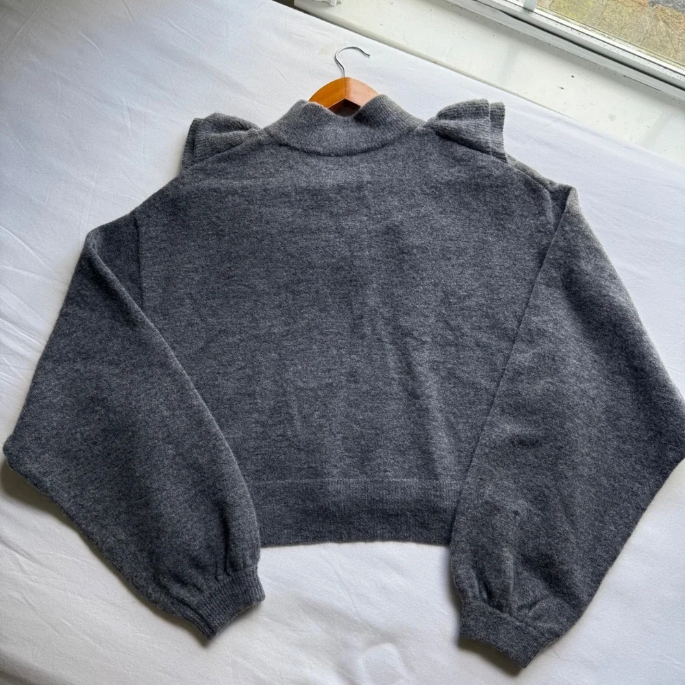 Free People Gray Wool Alpaca Blend Ruffle Mock Neck Balloon Sleeve Sweater S